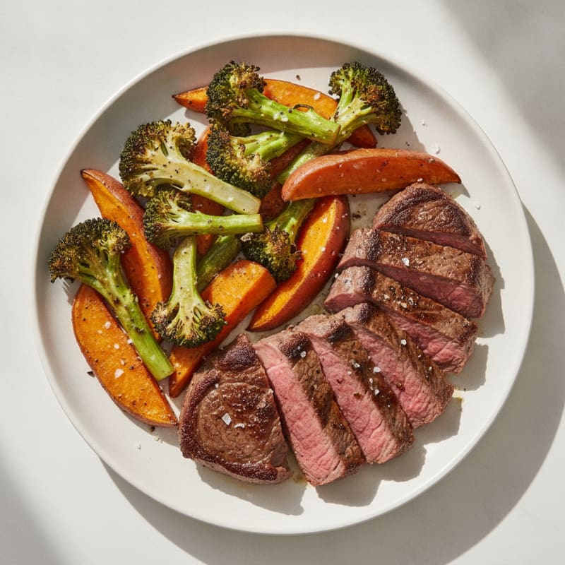 Seared Lean Beef with Roasted Broccoli and Sweet Potato