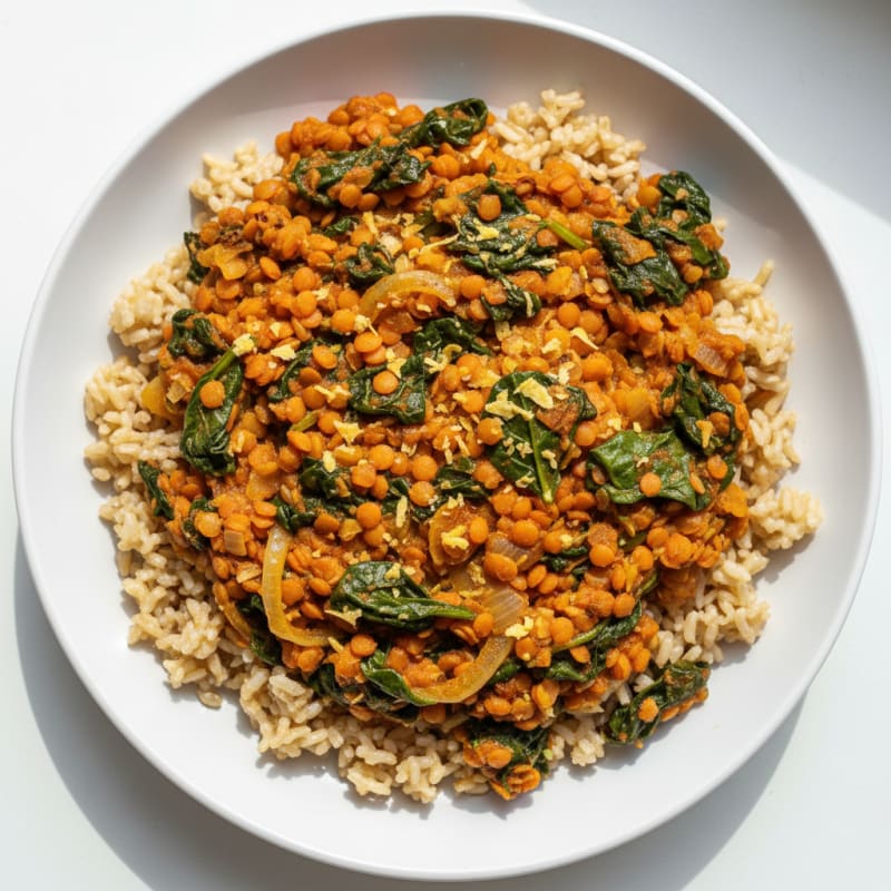 Creamy Lentil and Spinach Stew with Brown Rice