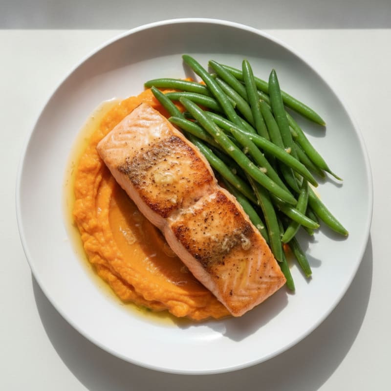 Seared Salmon Fillet with Steamed Green Beans and Sweet Potato Mash
