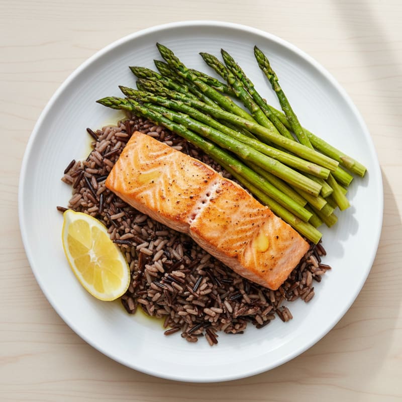 Seared Salmon with Roasted Asparagus and Wild Rice