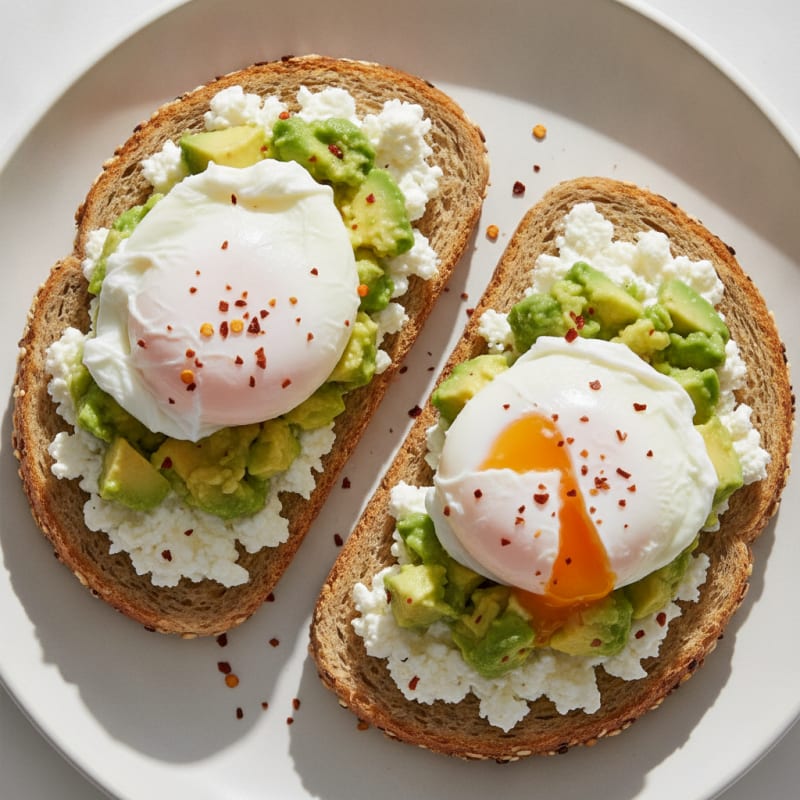 Smashed Avocado Toast with Poached Eggs and Cottage Cheese