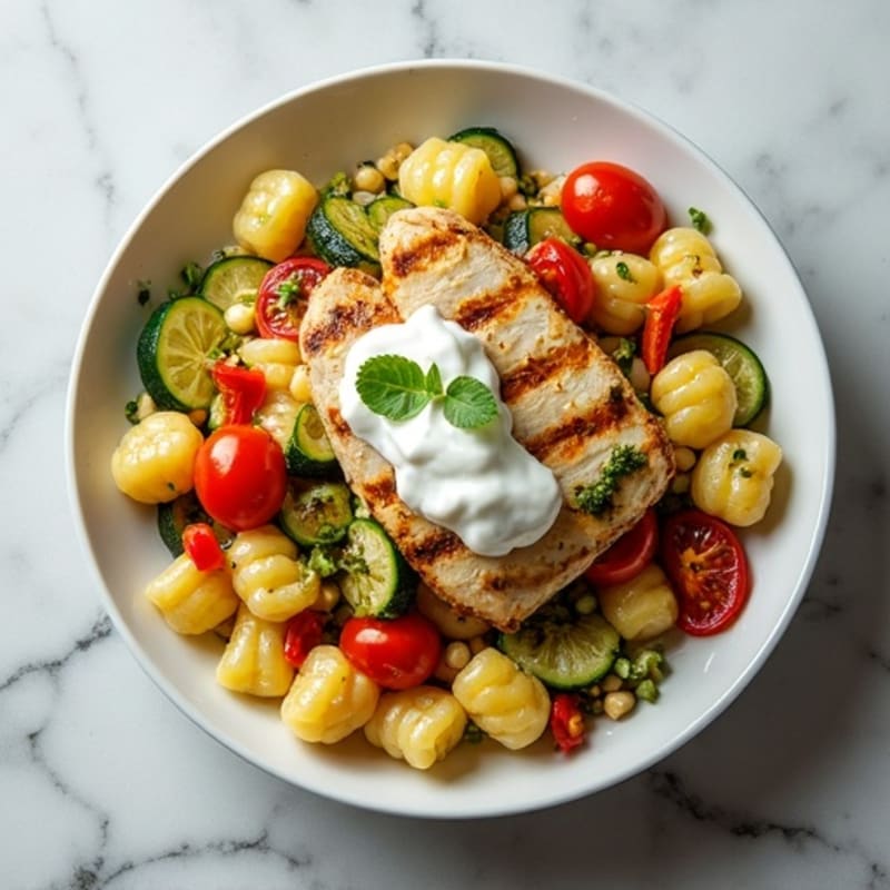 Creamy Gnocchi with Roasted Vegetables and Fresh Pesto