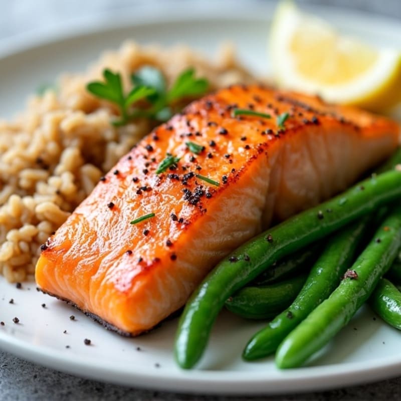 Seared Salmon Fillet with Steamed Green Beans and Brown Rice
