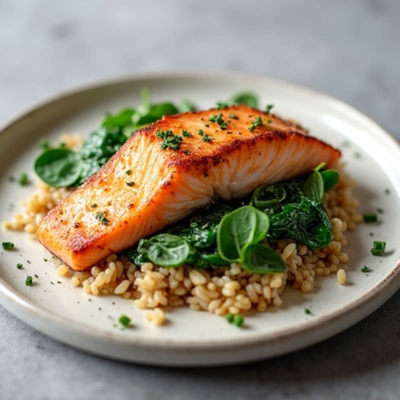 Seared Salmon Fillet with Creamy Spinach and Brown Rice