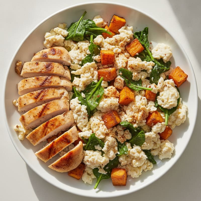 Chicken Egg White Scramble with Spinach and Sweet Potato