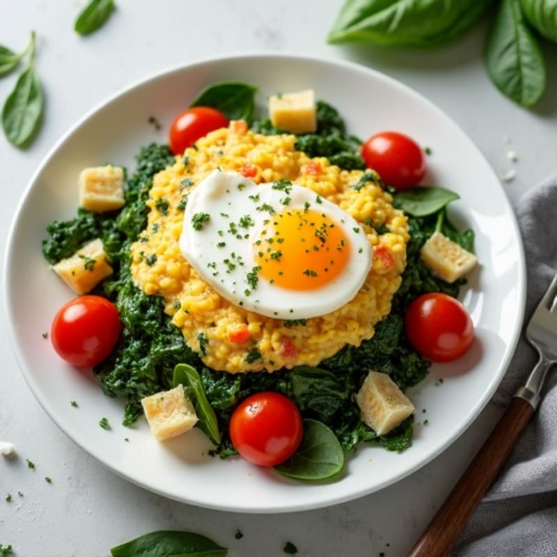 Egg White Spinach Scramble with Cottage Cheese and Cherry Tomatoes