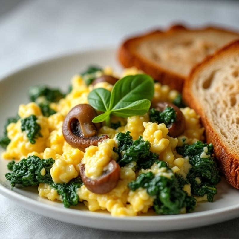 Egg White Spinach Scramble with Cottage Cheese and Sautéed Mushrooms