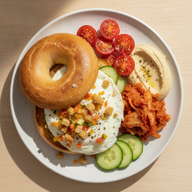 Sourdough Bagel with Hummus, Eggs, and Kimchi