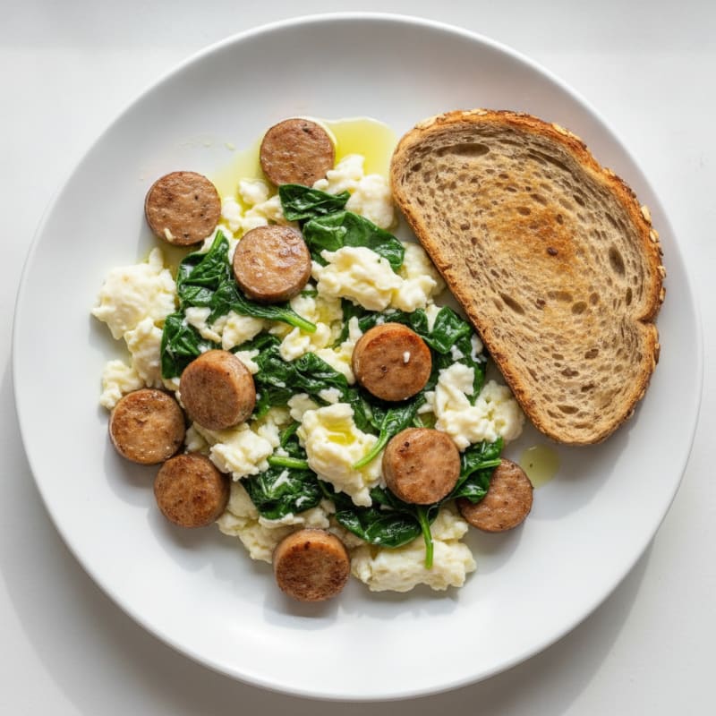 Scrambled Egg Whites with Turkey Sausage and Sautéed Spinach