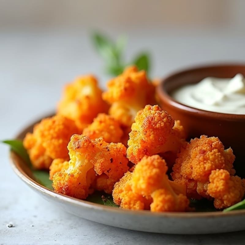 Crispy Buffalo Roasted Cauliflower Bites with Protein Buffalo Yogurt Dip