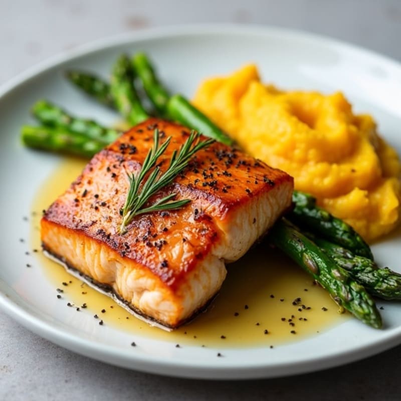 Seared Salmon with Roasted Asparagus and Mashed Sweet Potato