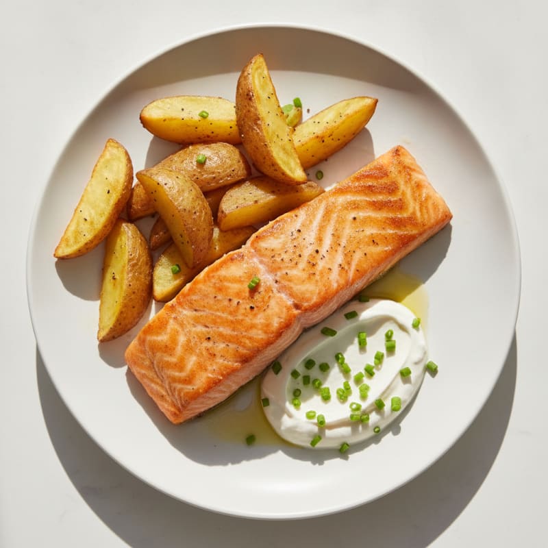 Seared Salmon with Roasted Wedges and Sour Creme