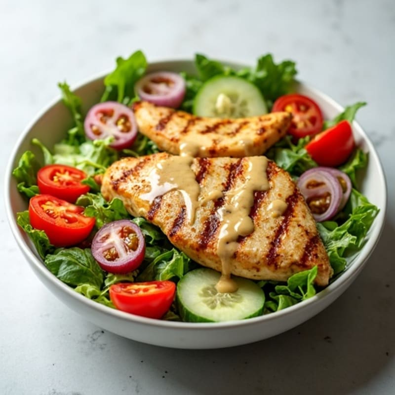 Grilled Lemon-Herb Chicken Salad Bowl with Fresh Vegetables and Creamy Tahini Dressing