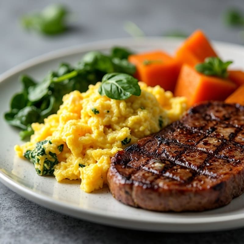Scrambled Eggs with Sautéed Spinach, Roasted Sweet Potato & Seared Steak