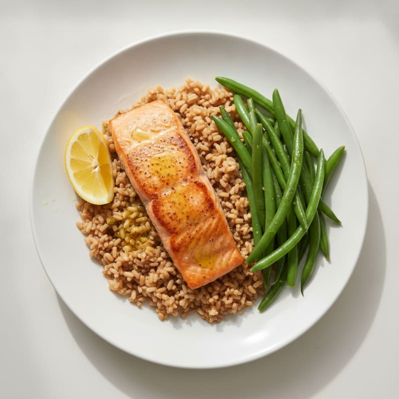 Seared Salmon with Steamed Green Beans and Brown Rice