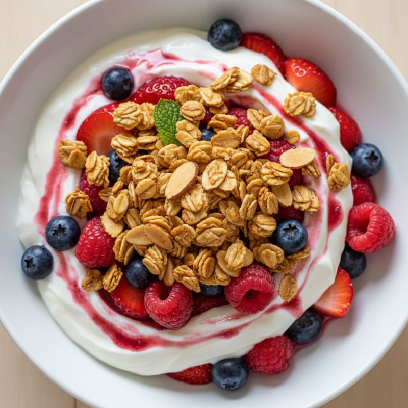 Greek Yogurt Parfait with Mixed Berries and Crunchy Almond Granola