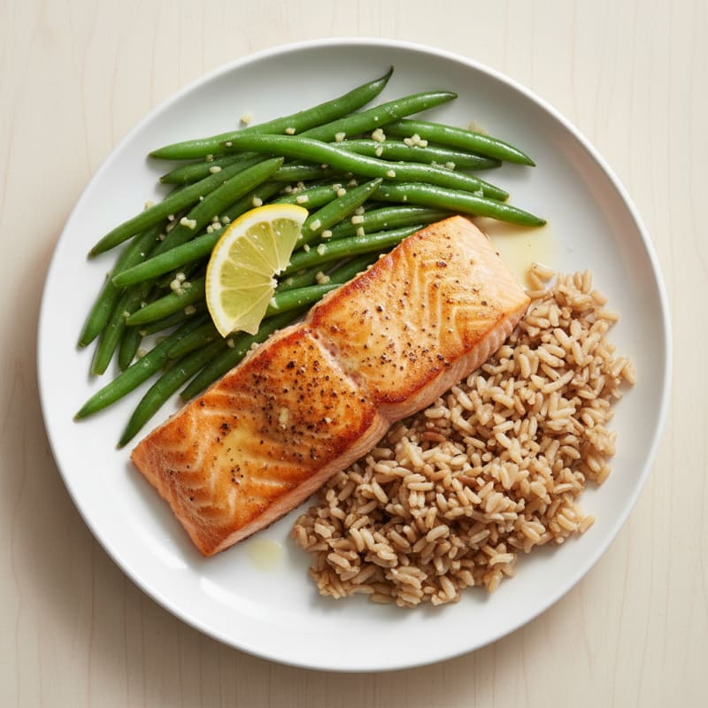 Seared Salmon with Garlic Green Beans and Brown Rice