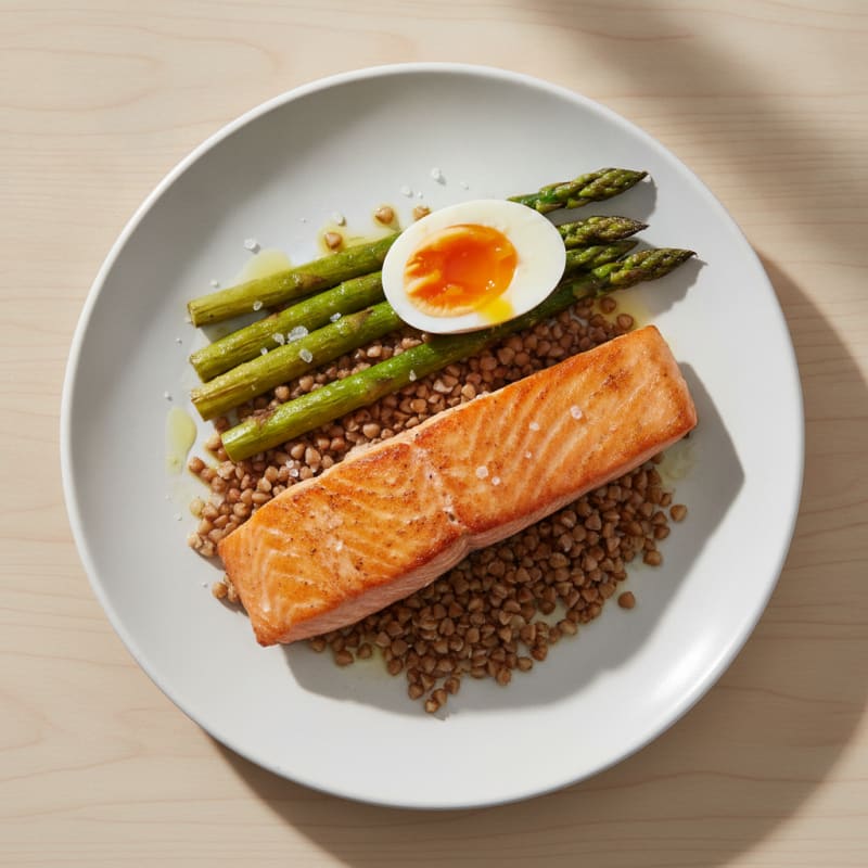 Seared Salmon Fillet with Roasted Vegetables and Buckwheat