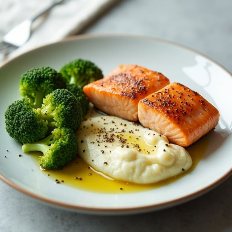 Seared Salmon with Steamed Broccoli and Cauliflower Mash