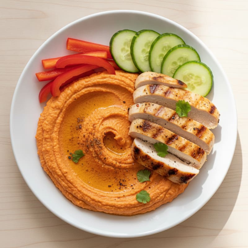 Roasted Red Pepper Hummus Dip with Grilled Chicken