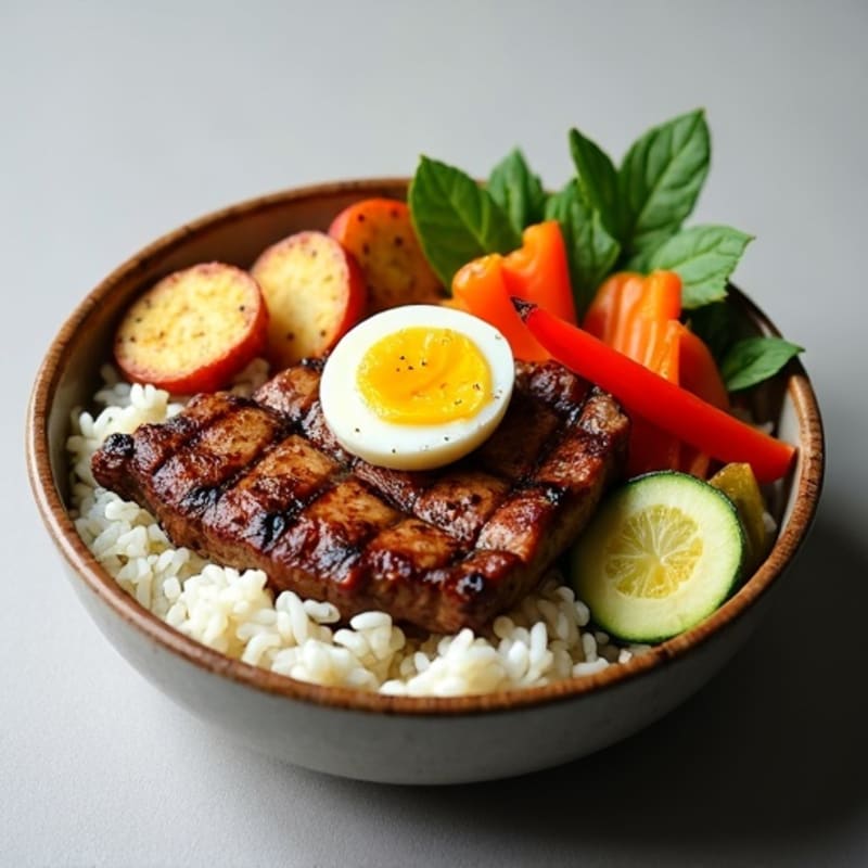 Grilled Steak and Rice Bowl with Roasted Vegetables