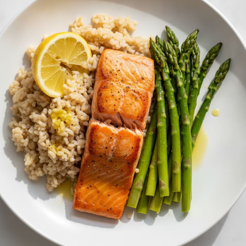 Seared Salmon with Steamed Asparagus and Brown Rice