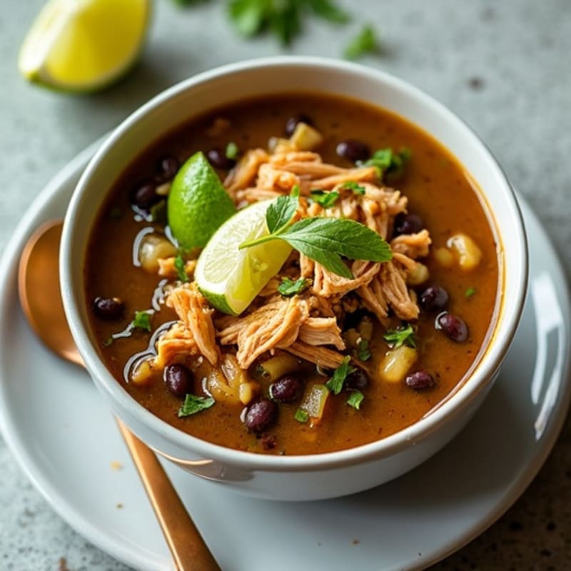 Shredded Chicken Verde Soup with Black Beans