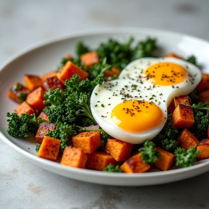 Crispy Sweet Potato and Kale Hash with Poached Eggs