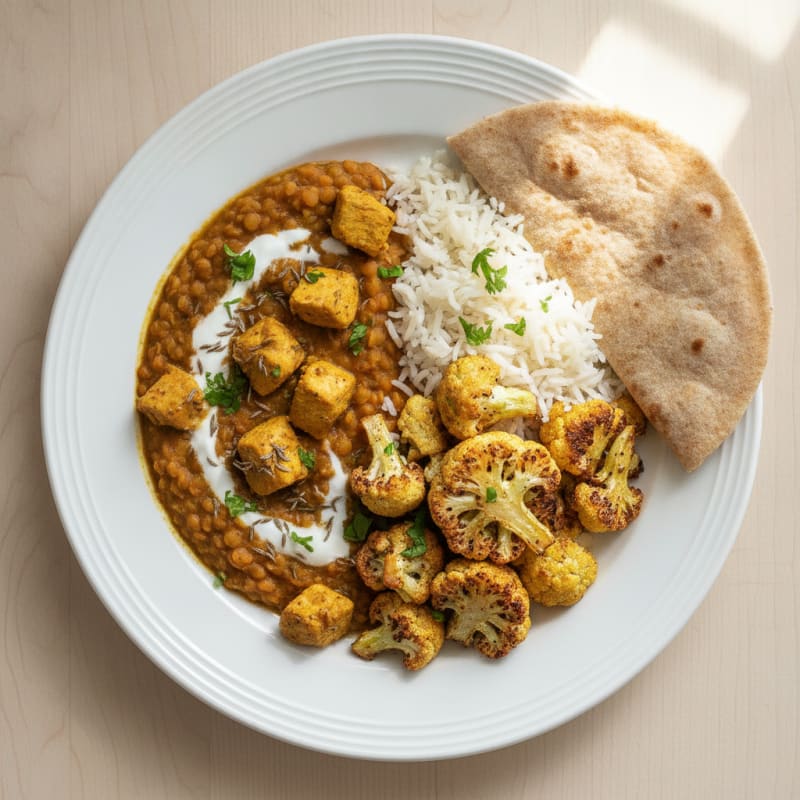 Hearty Dal with Roasted Vegetables and Roti