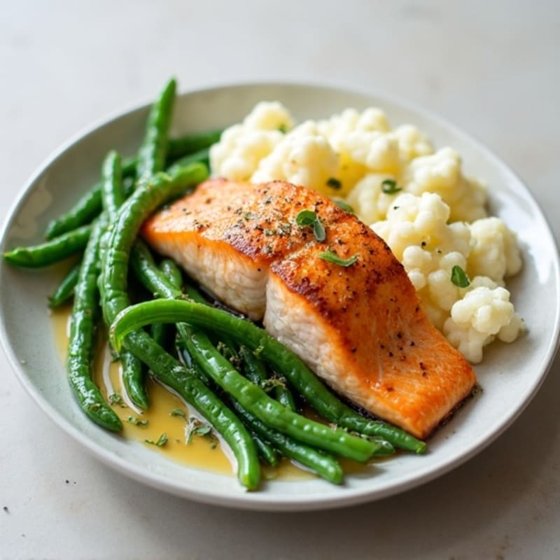 Seared Salmon with Garlic Green Beans and Mashed Cauliflower