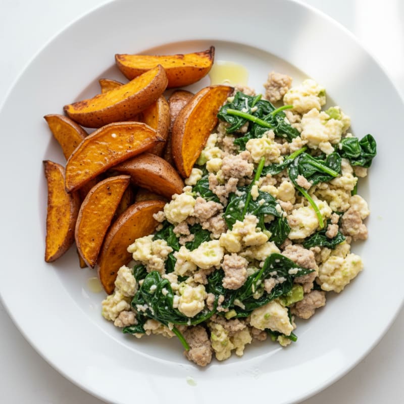 Egg White and Turkey Spinach Scramble with Roasted Sweet Potatoes