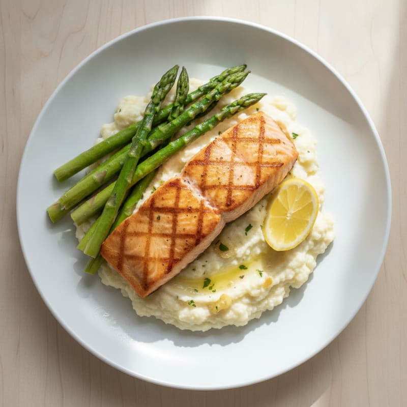 Seared Salmon with Steamed Asparagus and Cauliflower Mash