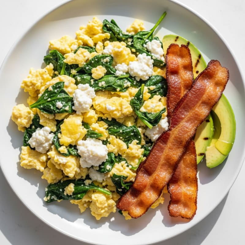 Cottage Cheese Egg Scramble with Spinach and Turkey Bacon