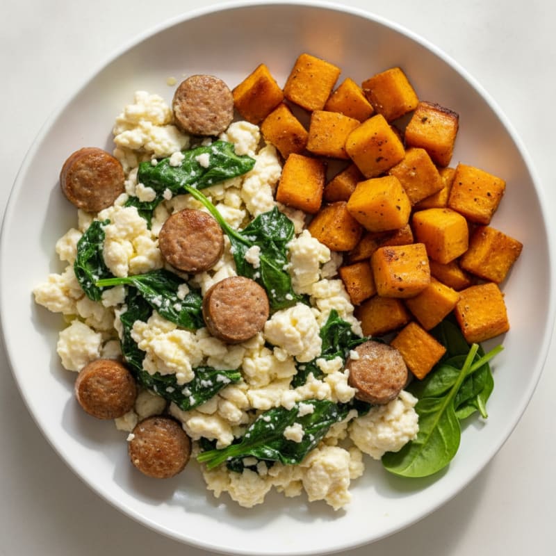 Egg White and Turkey Sausage Scramble with Spinach and Roasted Sweet Potato