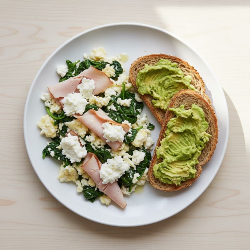 Egg White and Spinach Scramble with Cottage Cheese and Sliced Turkey