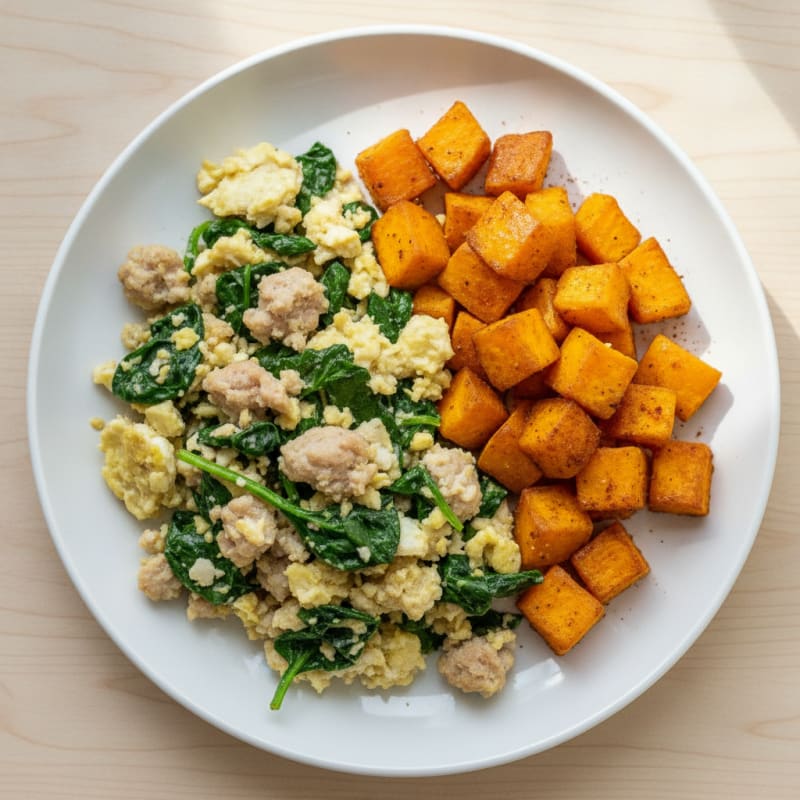 Egg White and Turkey Sausage Scramble with Spinach and Roasted Sweet Potato