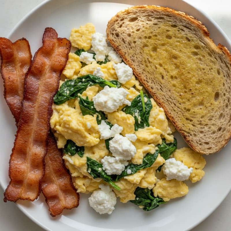 Cottage Cheese Scramble with Spinach and Turkey Bacon