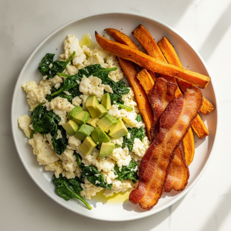 Crispy Turkey Bacon and Egg White Scramble with Sautéed Spinach