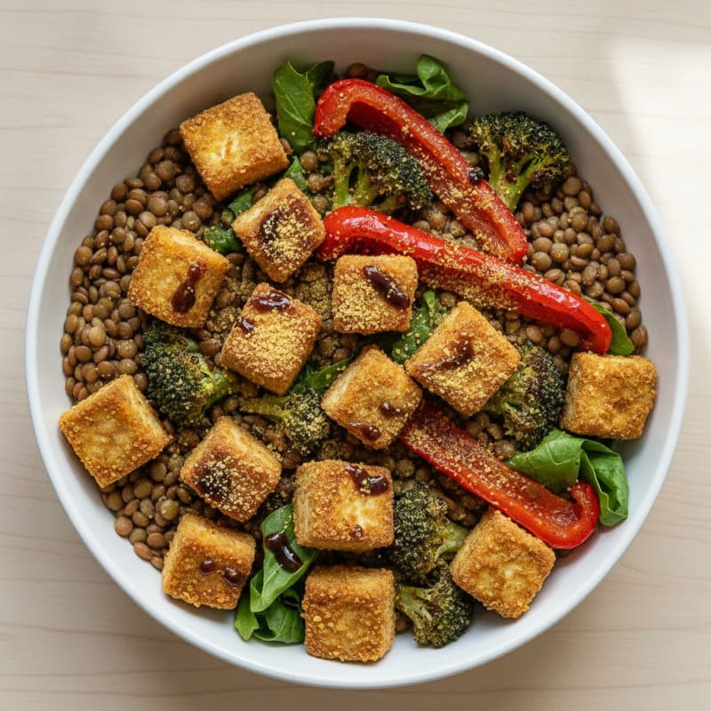 Crispy Tofu and Lentil Power Bowl with Roasted Vegetables