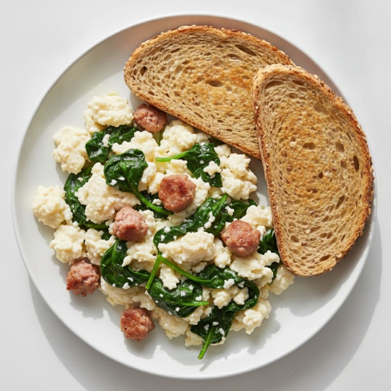 Egg White Scramble with Turkey Sausage and Sautéed Spinach