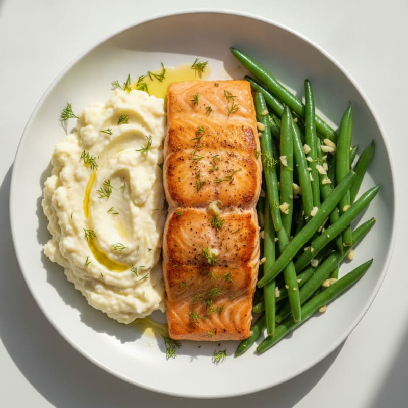 Seared Salmon with Garlic Green Beans and Mashed Cauliflower