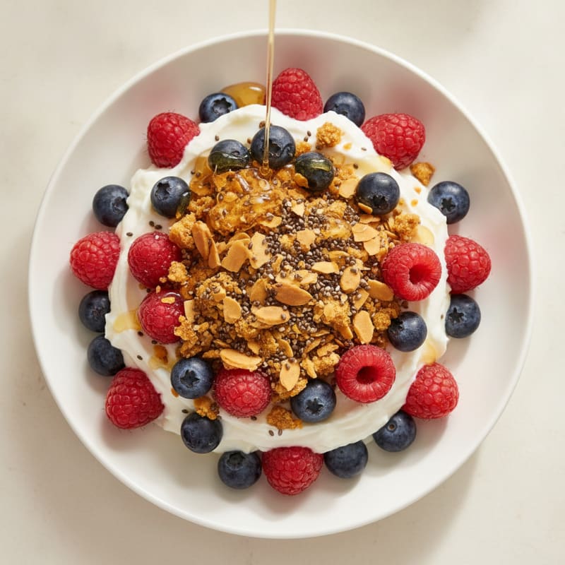 Greek Yogurt Parfait with Mixed Berries and Chia Crunch