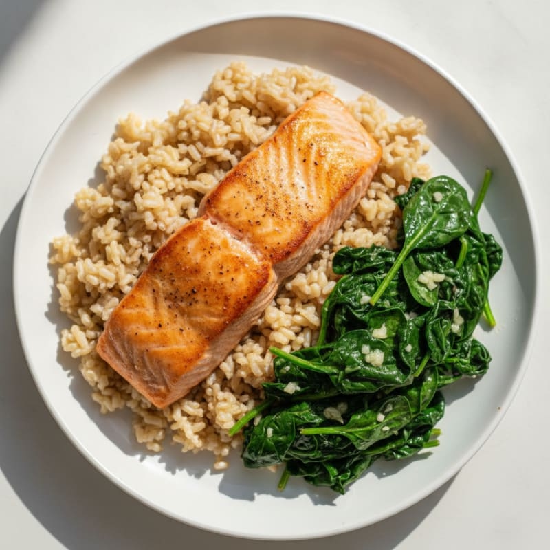 Seared Salmon Fillet with Garlic Spinach and Brown Rice