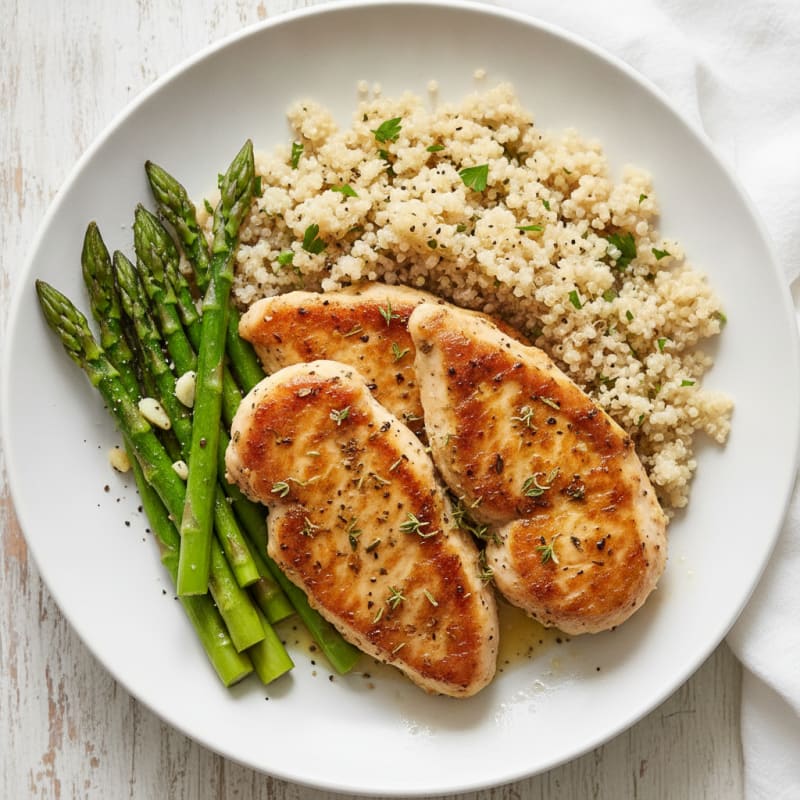 Pan-Seared Herb Chicken Tenderloins with Quinoa and Asparagus