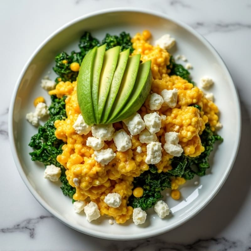Spinach and Feta Egg Scramble with Sliced Avocado