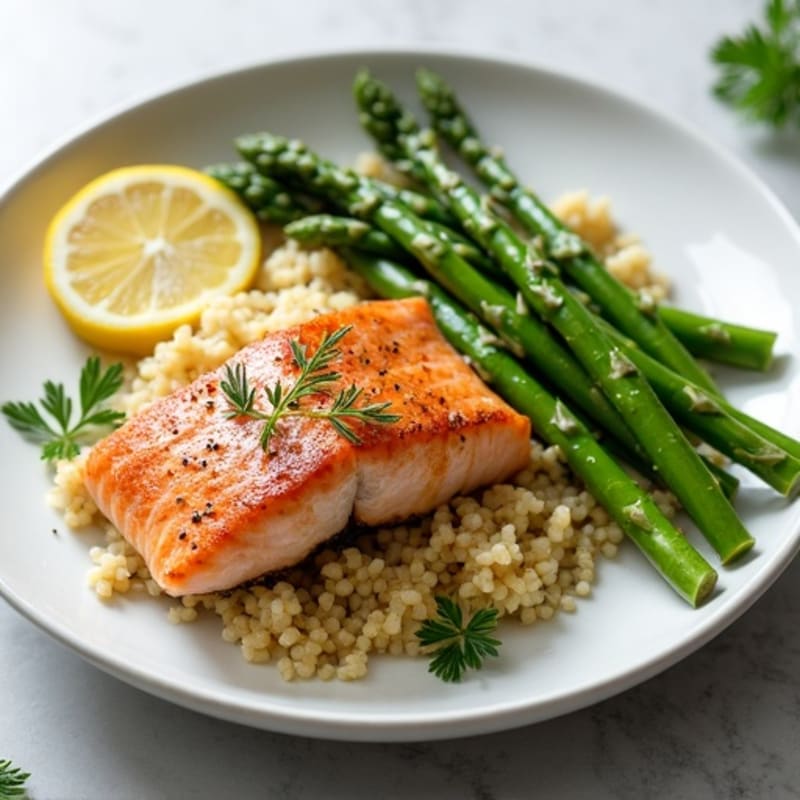 Seared Salmon with Herb Quinoa and Steamed Asparagus