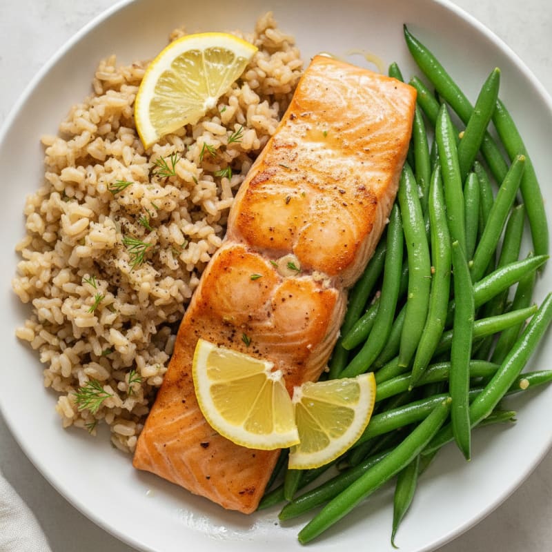 Seared Salmon with Steamed Green Beans and Herbed Brown Rice