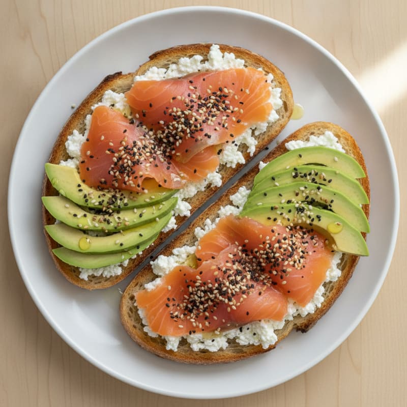 Cottage Cheese and Smoked Salmon Toast with Sliced Avocado