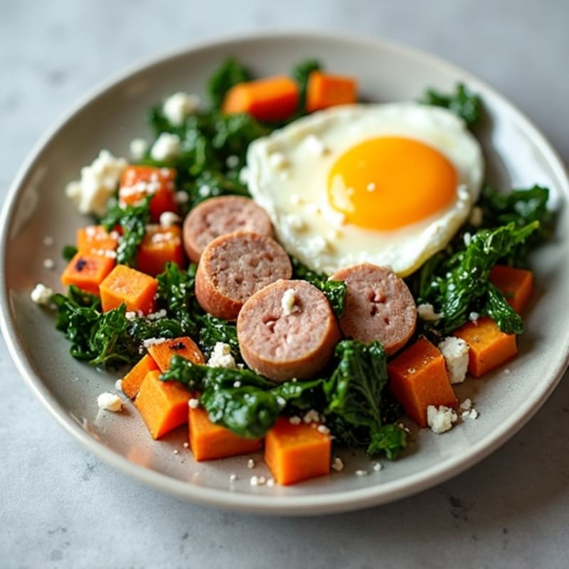 Egg White and Turkey Sausage Scramble with Sautéed Spinach and Roasted Sweet Potatoes