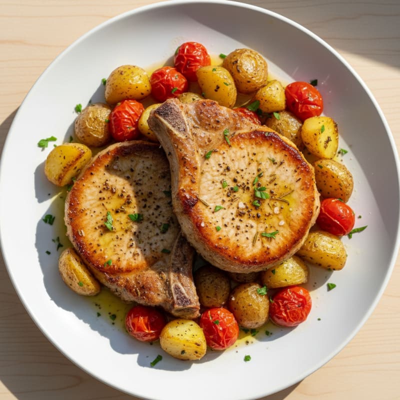 Pan-Seared Pork Chops with Roasted Tomatoes and Potatoes